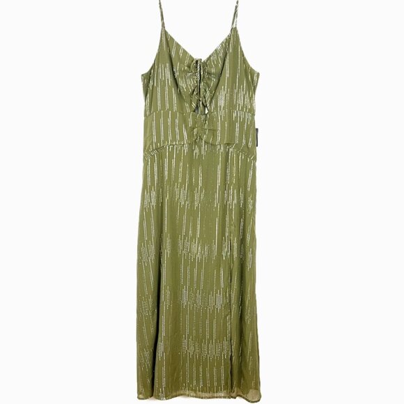 NWT Express Maxi Dress Olive Green Metallic Cutout Ruched Front Women's Size XL - Picture 16 of 16